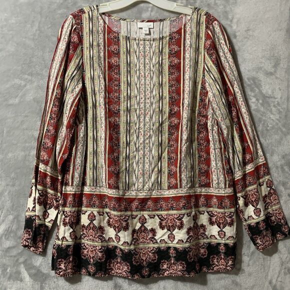 J Jill Top Women's Tunic Size Medium Red Tan 100% Rayon Long Sleeve Boho Flowy - Picture 2 of 13